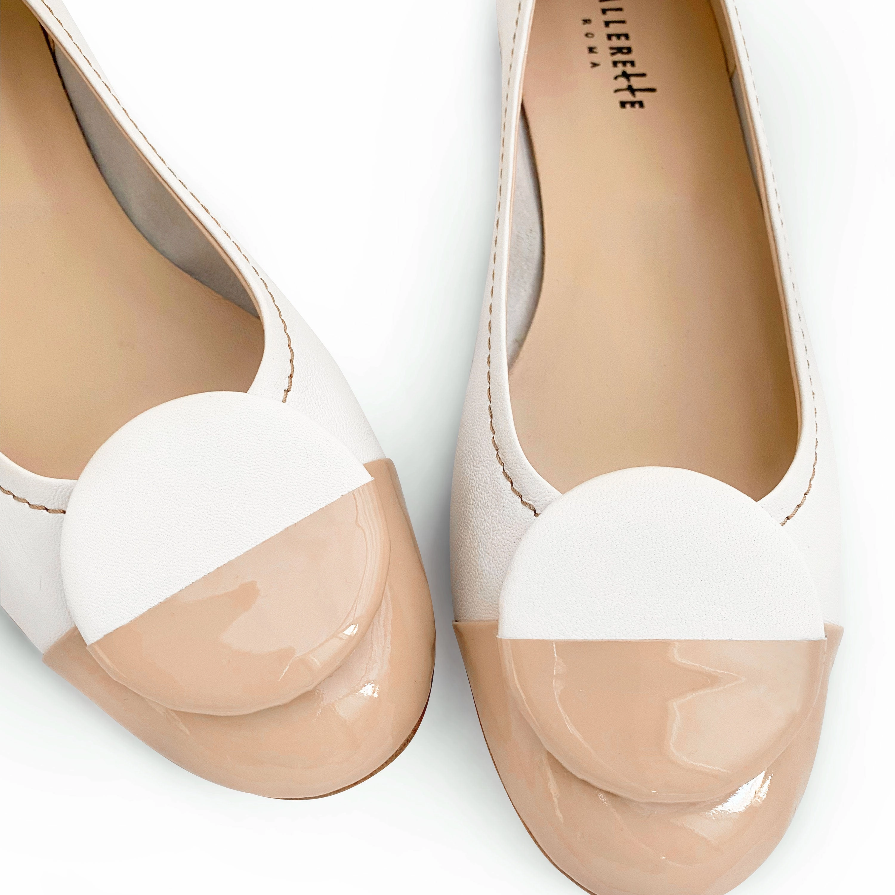 Dress Loafer Formal Shoes White leather ballet flats, taupe patent leather toe and stud