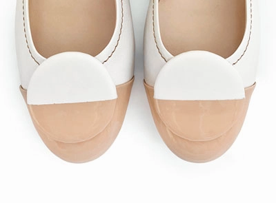 Shoes For Dress White leather ballet flats, taupe patent leather toe and stud