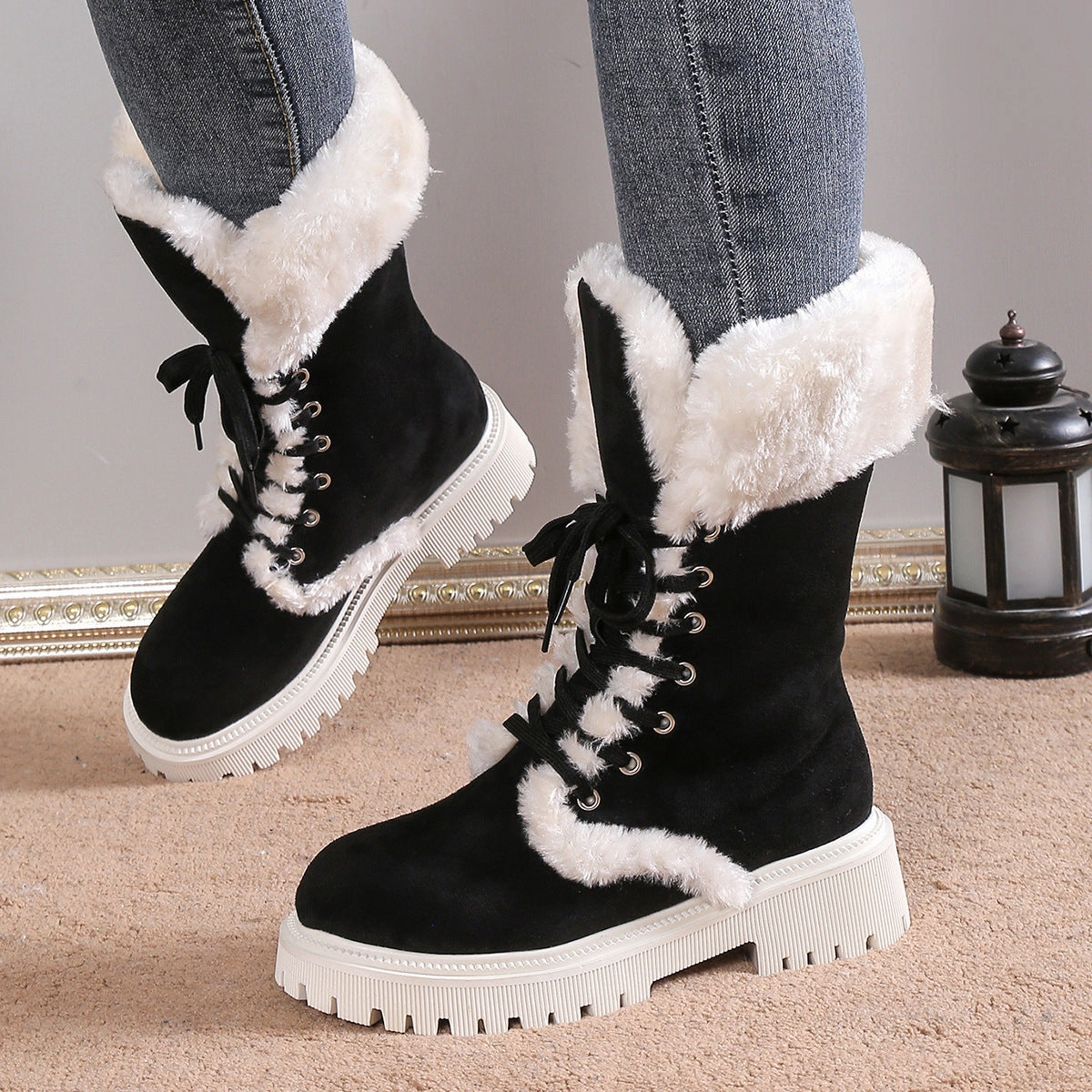 Winter Lace-up Snow Boots For Women Mid-tube Fleece Shoes Warm Chunky Heels Plush Boot South Pole Snow Boots