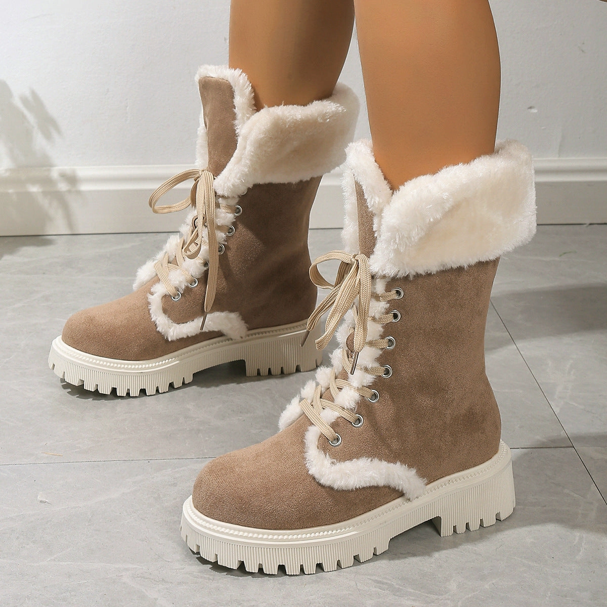 Snow Boots Sale Free Shipping Winter Lace-up Snow Boots For Women Mid-tube Fleece Shoes Warm Chunky Heels Plush Boot