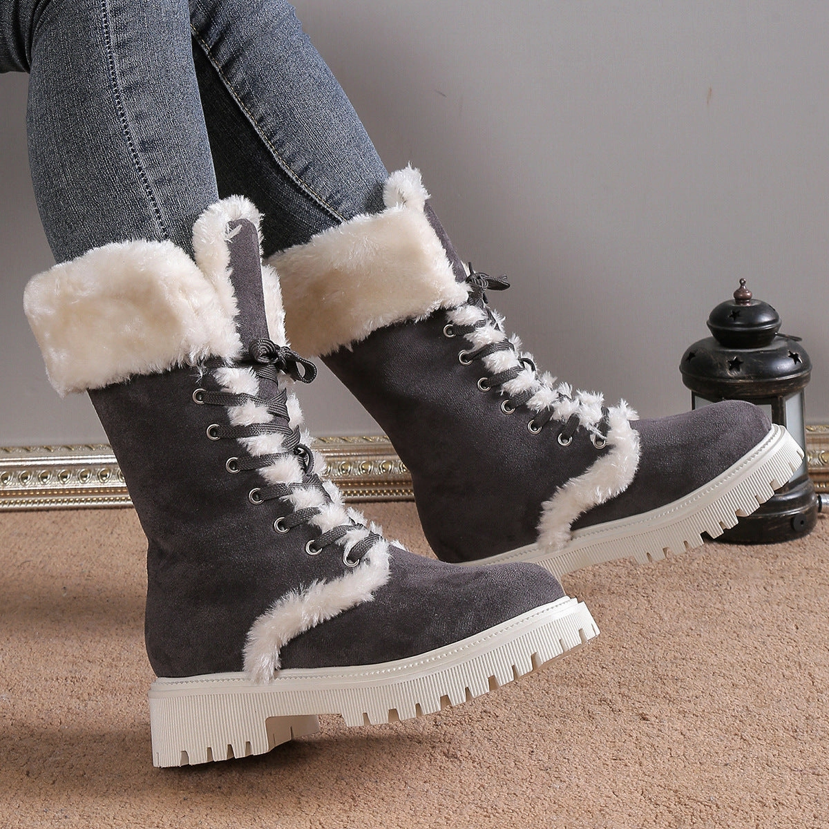 Winter Lace-up Snow Boots For Women Mid-tube Fleece Shoes Warm Chunky Heels Plush Boot North Face Snow Boots Thermoball