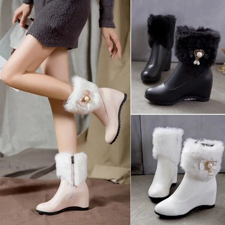 Women Boots Autumn Winter Warm Fur Height Increasing Ankle Pu Snow Boots Round Toe Pearl Patchwork 2024 New Sexy Fashion White Best Boots For Ice And Snow