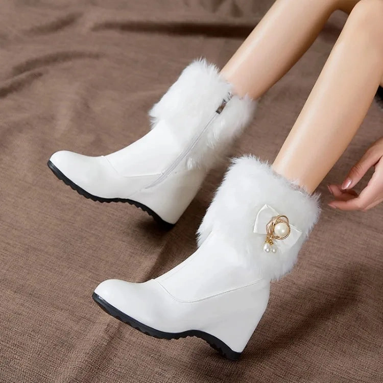 Cute Winter Snow Boots Women Boots Autumn Winter Warm Fur Height Increasing Ankle Pu Snow Boots Round Toe Pearl Patchwork 2024 New Sexy Fashion White