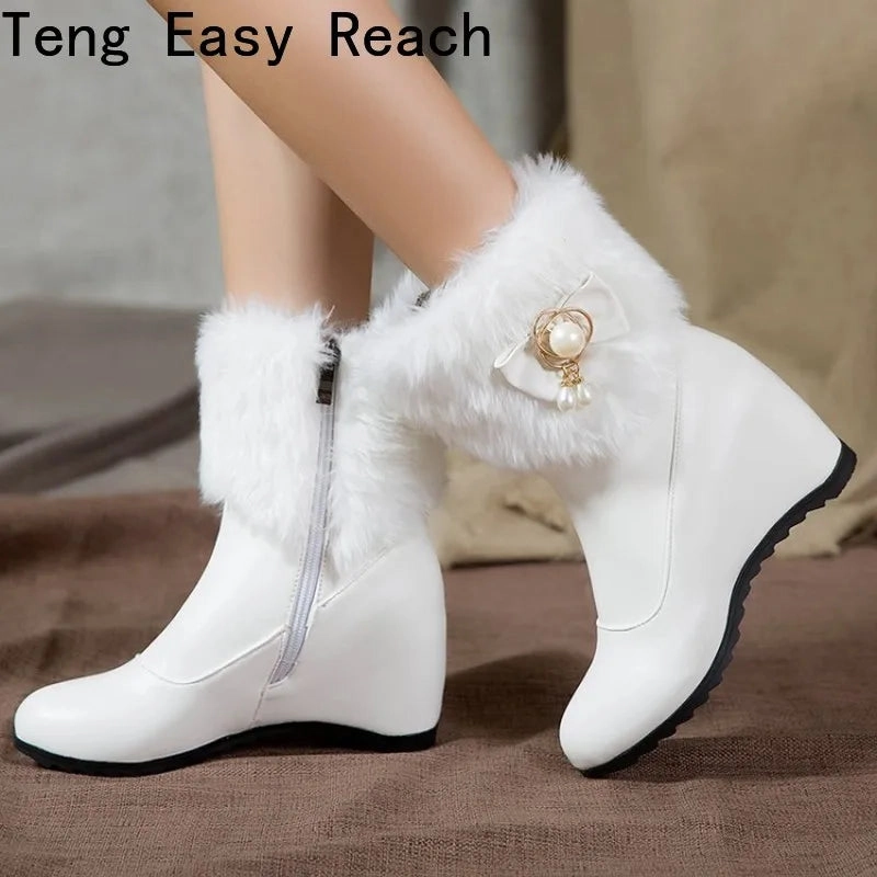 Women Boots Autumn Winter Warm Fur Height Increasing Ankle Pu Snow Boots Round Toe Pearl Patchwork 2024 New Sexy Fashion White Top Ten Snow Boots