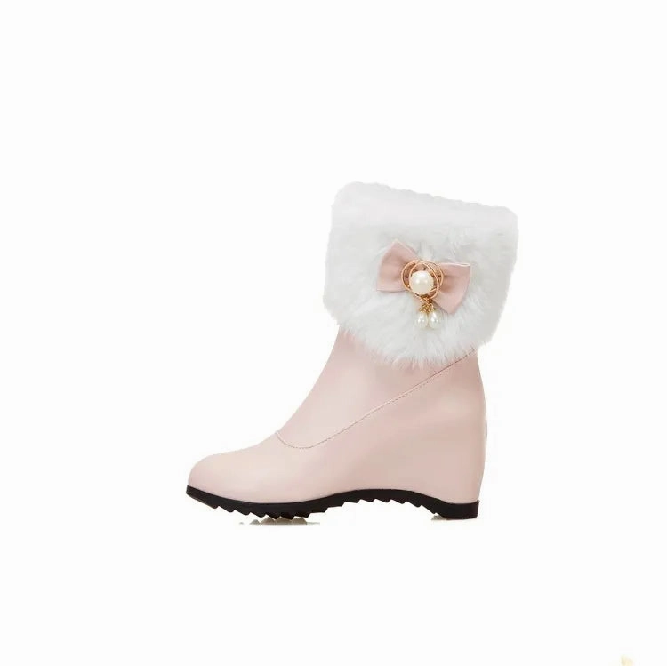 Kamik Lea Mid Snow Boot Women Boots Autumn Winter Warm Fur Height Increasing Ankle Pu Snow Boots Round Toe Pearl Patchwork 2024 New Sexy Fashion White