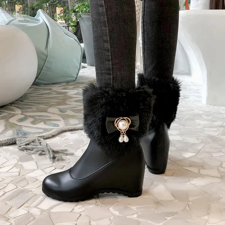 Torrid Snow Boots Women Boots Autumn Winter Warm Fur Height Increasing Ankle Pu Snow Boots Round Toe Pearl Patchwork 2024 New Sexy Fashion White