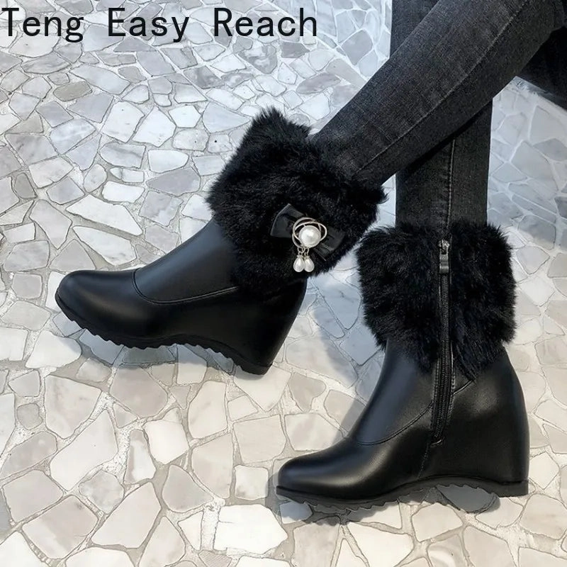 Women Boots Autumn Winter Warm Fur Height Increasing Ankle Pu Snow Boots Round Toe Pearl Patchwork 2024 New Sexy Fashion White Redhead Snow Boots