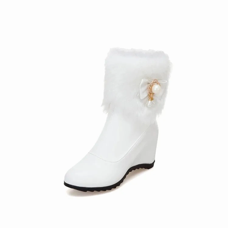 Snow Boots With A Heel Women Boots Autumn Winter Warm Fur Height Increasing Ankle Pu Snow Boots Round Toe Pearl Patchwork 2024 New Sexy Fashion White