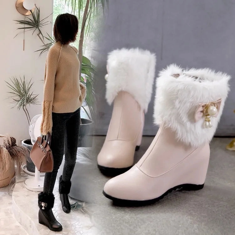 Women Boots Autumn Winter Warm Fur Height Increasing Ankle Pu Snow Boots Round Toe Pearl Patchwork 2024 New Sexy Fashion White Snow Boots Skechers