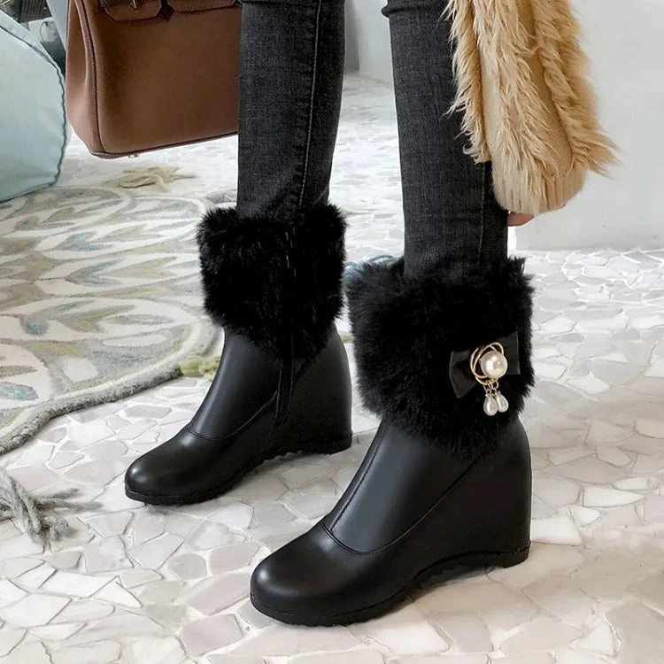 Women Boots Autumn Winter Warm Fur Height Increasing Ankle Pu Snow Boots Round Toe Pearl Patchwork 2024 New Sexy Fashion White Dvs Snow Boots