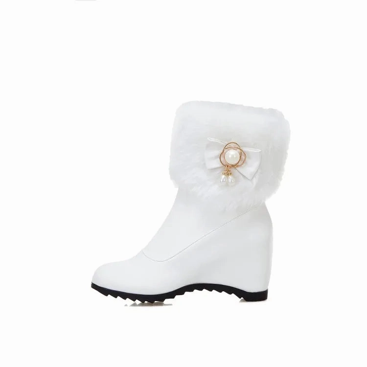 Tivoli Snow Boot Women Boots Autumn Winter Warm Fur Height Increasing Ankle Pu Snow Boots Round Toe Pearl Patchwork 2024 New Sexy Fashion White