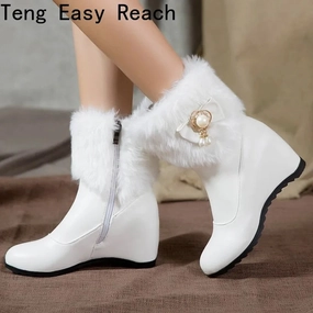 Women Boots Autumn Winter Warm Fur Height Increasing Ankle Pu Snow Boots Round Toe Pearl Patchwork 2024 New Sexy Fashion White Lidl Snow Boots