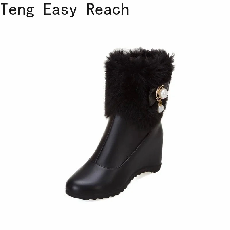 Women Boots Autumn Winter Warm Fur Height Increasing Ankle Pu Snow Boots Round Toe Pearl Patchwork 2024 New Sexy Fashion White Extra Wide Snow Boots
