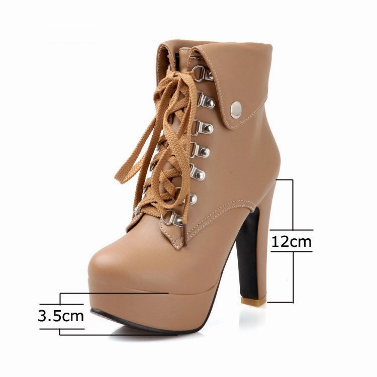 Women Faux Leather Ankle Boots Designer Fashion Platform Chunky High Heels Lace Up Short Booties Woman Autumn Winter Shoes