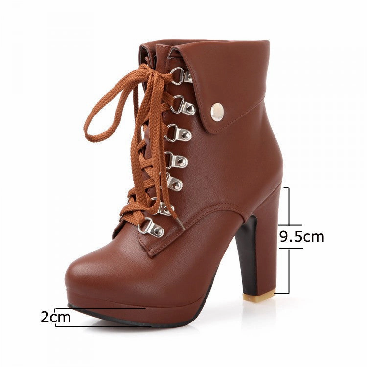 Women Faux Leather Ankle Boots Designer Fashion Platform Chunky High Heels Lace Up Short Booties Woman Autumn Winter Shoes