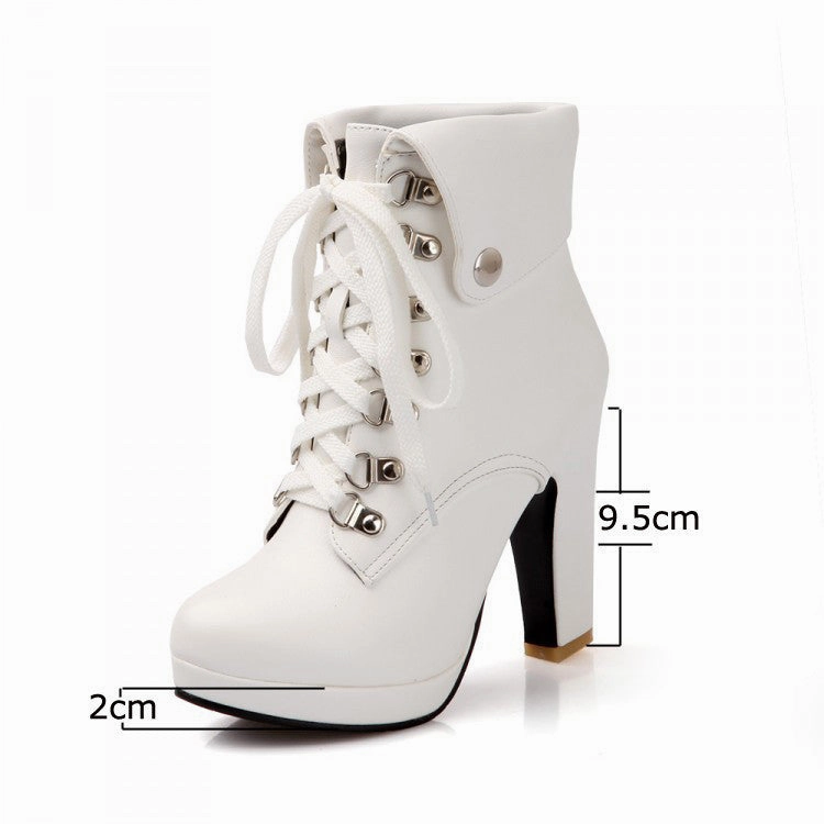 Women Faux Leather Ankle Boots Designer Fashion Platform Chunky High Heels Lace Up Short Booties Woman Autumn Winter Shoes