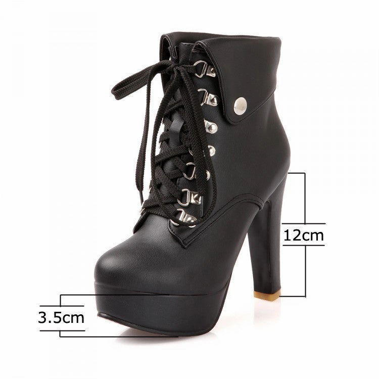 Women Faux Leather Ankle Boots Designer Fashion Platform Chunky High Heels Lace Up Short Booties Woman Autumn Winter Shoes Size 7 Work Boots