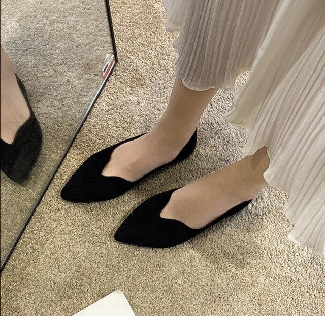 Women Pointed Toe Flats Comfort Casual Wild Classic Flat Shoes Fashion Metal Slip On Black Shoes Outdoor Party Office Work Shoes Flexible Flat Shoes