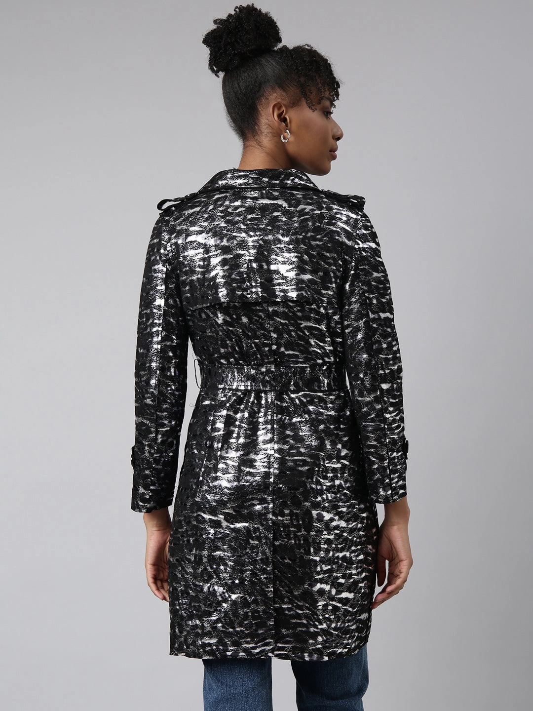 Women's Black Abstract Printed Longline Trench Coat Working Gear Work Boots