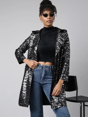 Aussie Work Boots Women's Black Abstract Printed Longline Trench Coat