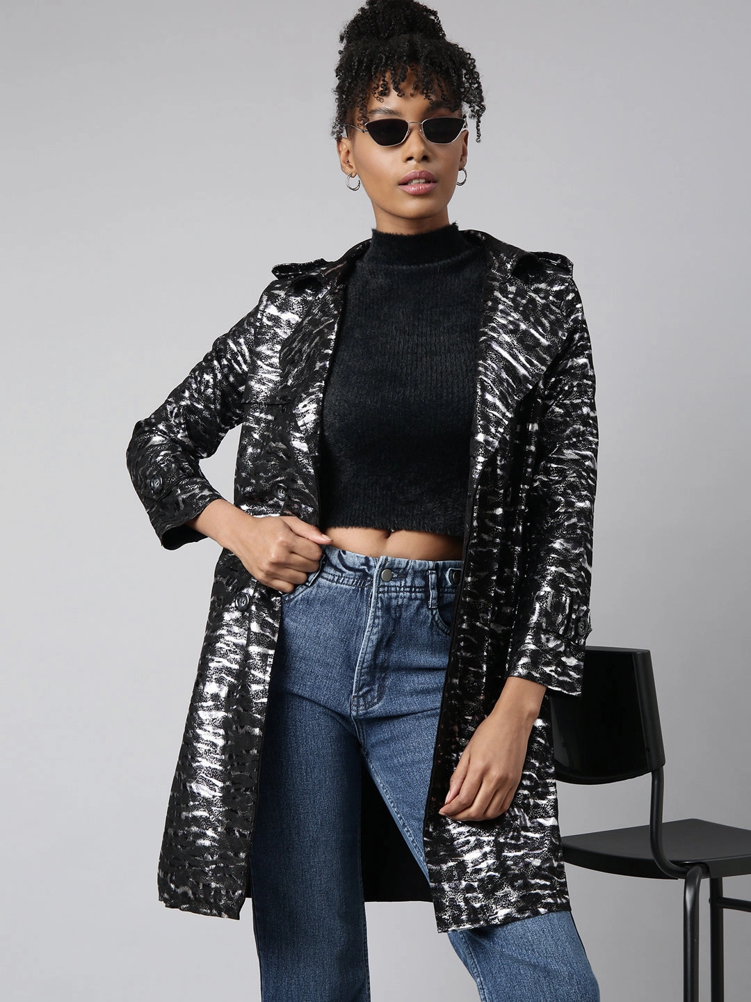 Women's Black Abstract Printed Longline Trench Coat 13 Wide Work Boots