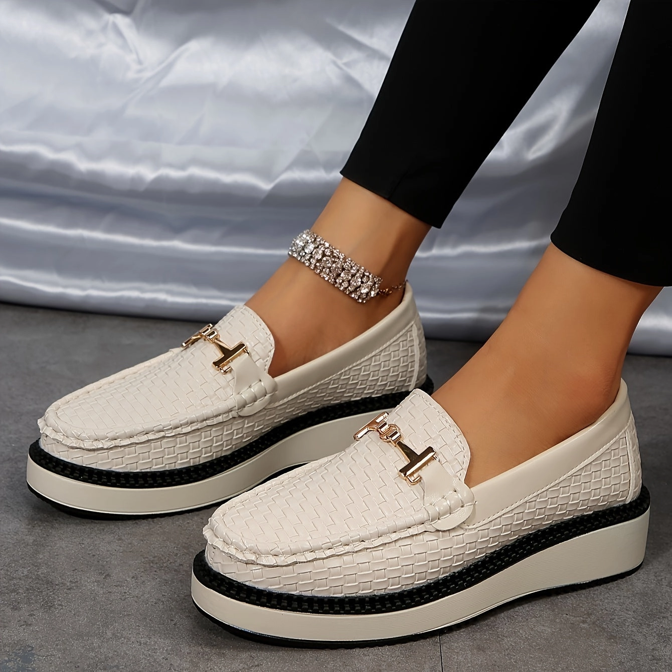 Women's Braided Textured Loafers, Buckle Decor Round Toe Shoes Cat Loafers