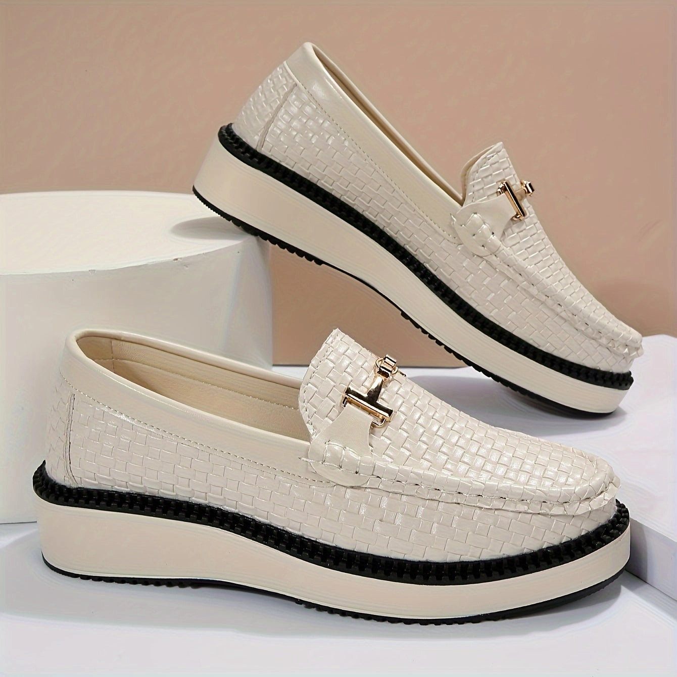 Horsebit Driving Loafers Women's Braided Textured Loafers, Buckle Decor Round Toe Shoes