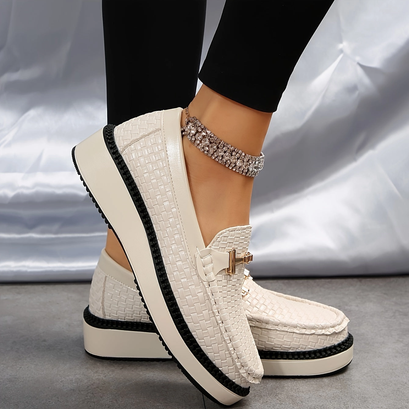 Dressy Loafers Women's Braided Textured Loafers, Buckle Decor Round Toe Shoes