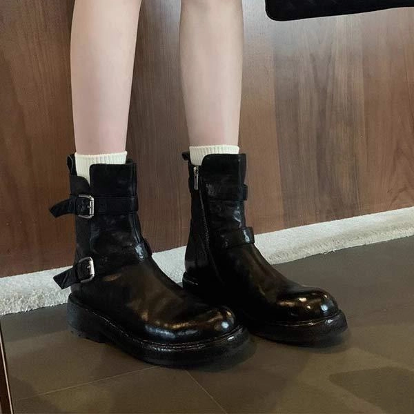 Adidas Easy Shoes Women's Genuine Leather Buckle-Zip Thick-Soled Martin Boots 51005687C