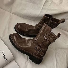 Women's Genuine Leather Buckle-Zip Thick-Soled Martin Boots 51005687C Adidas 3 Shoes