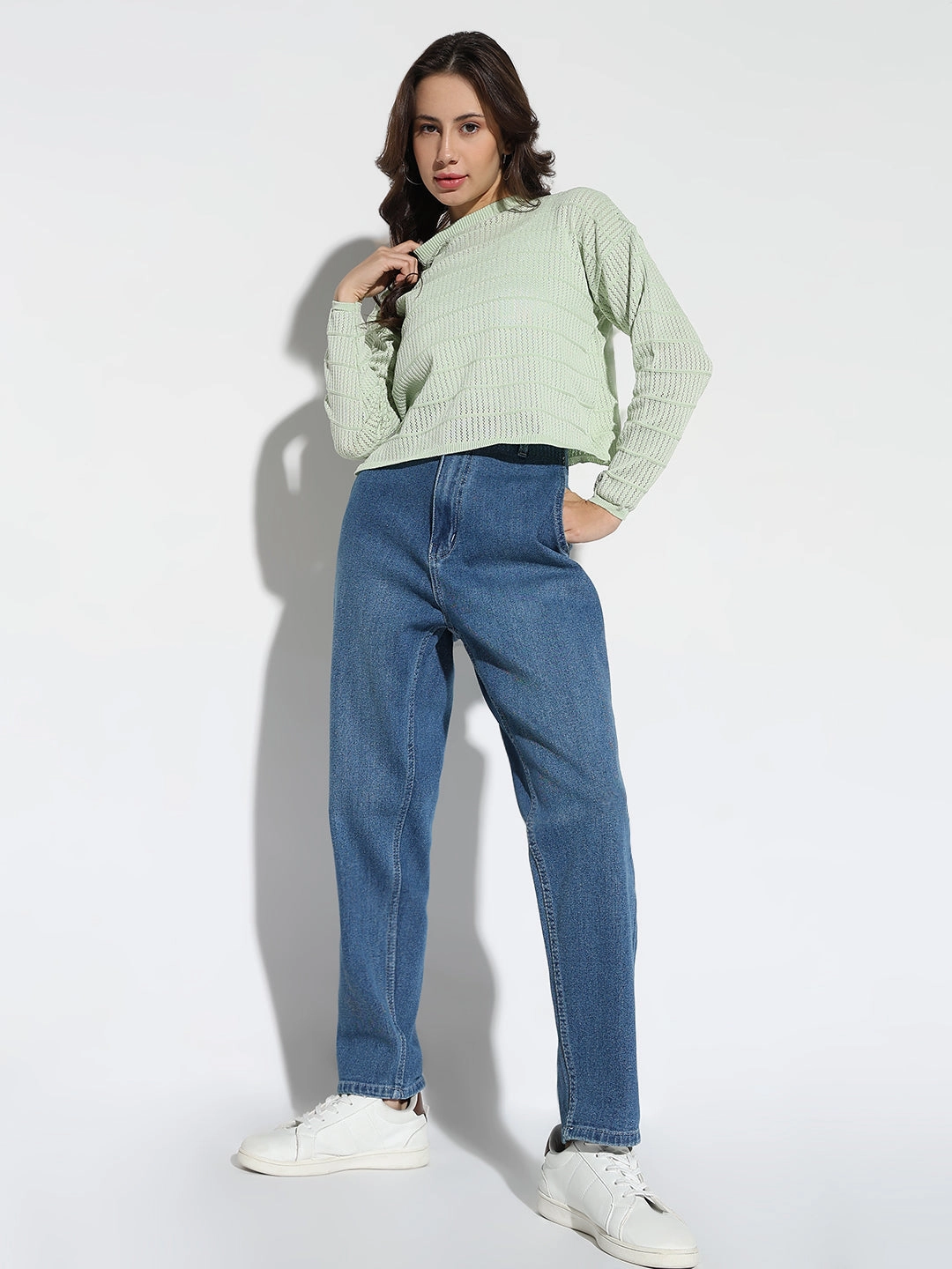 Women's Green Self Design Round Neck Acrylic Top Back Of Heel Pads For Work Boots