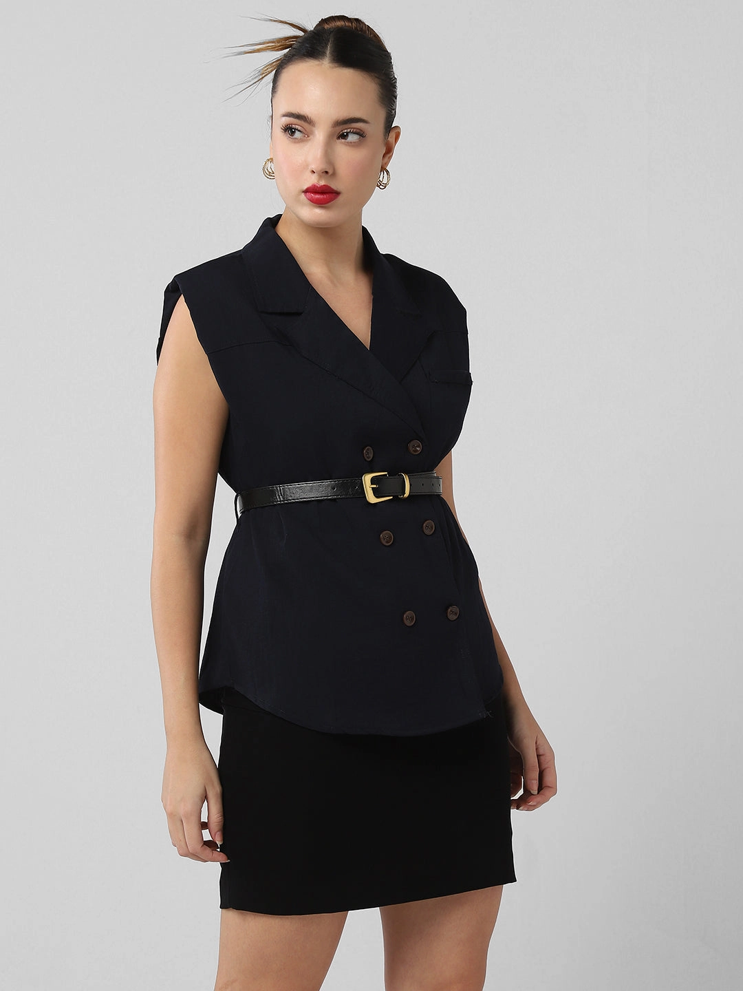 Women's Navy Blue Sleeveless Blazer Top with Waist Belt Comfy Work Boots