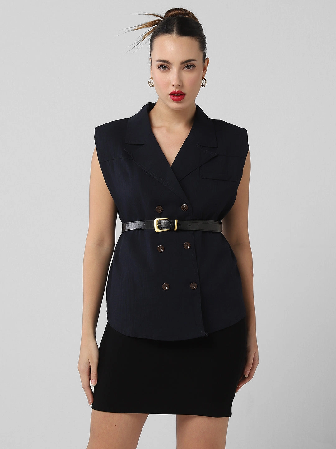 Women's Navy Blue Sleeveless Blazer Top with Waist Belt How To Keep Work Boots From Smelling