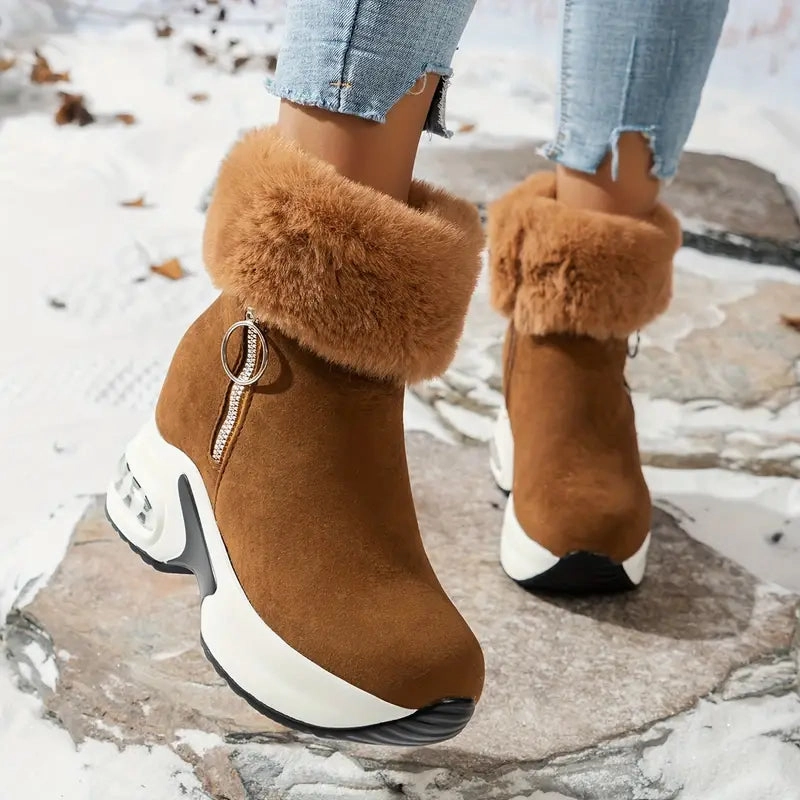 Women's Platform Ankle Boots - Smooth Zipper, Chunky Style, Plush Lined Winter Work Boots With Toe Protection