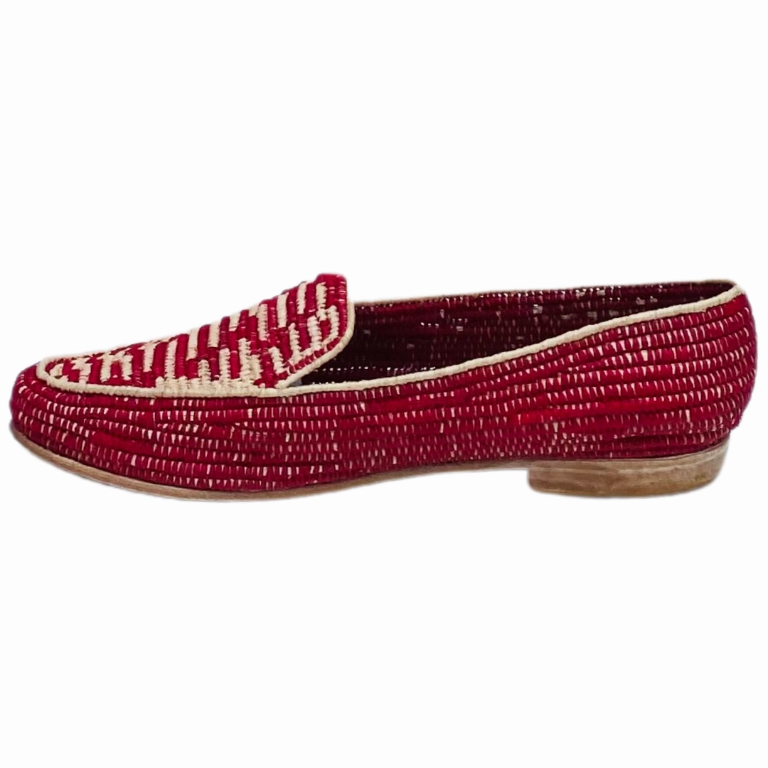 Ladies Loafers Women's Raffia Loafers (Red with Natural Accents)