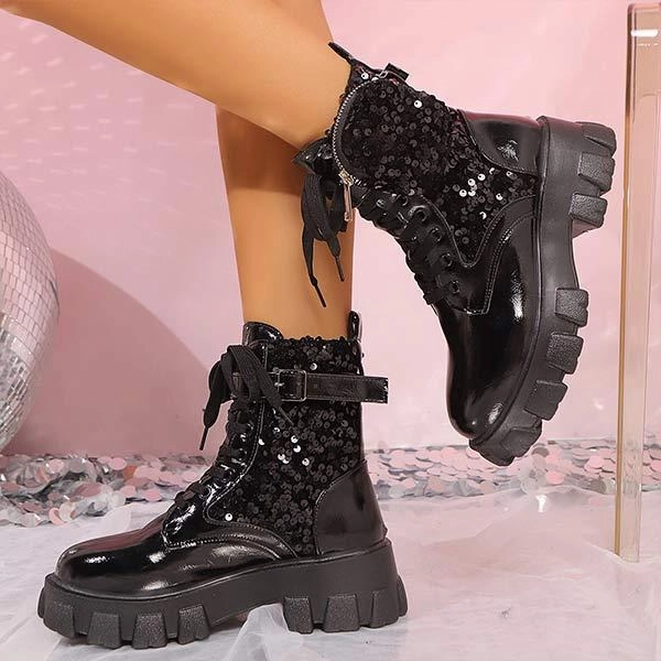 Adidas Heel Shoes Women's Round-Toe Sequin Decor Thick-Soled Ankle Boots 16176488C