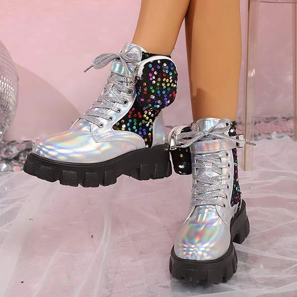 Women's Round-Toe Sequin Decor Thick-Soled Ankle Boots 16176488C Adidas Three Stripes Shoes