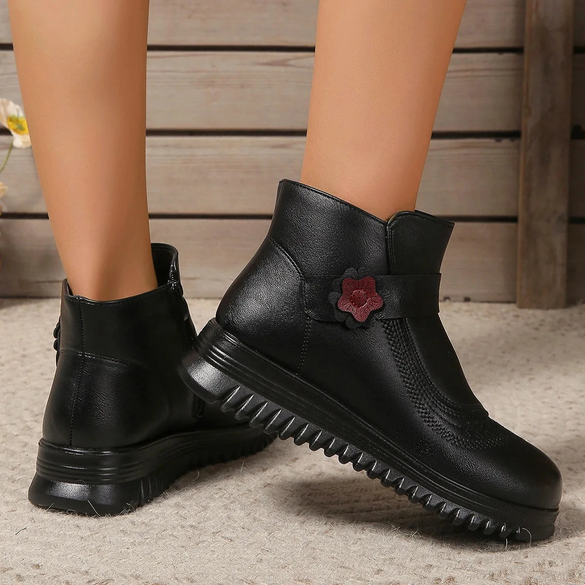 Vibram Rain Boots Women's Rubber Boots  Boots-Women Round Toe Shoes Winter Footwear Rain 2024 Ankle Low Ladies Flock Fabric Solid Hoof Heels Ridin