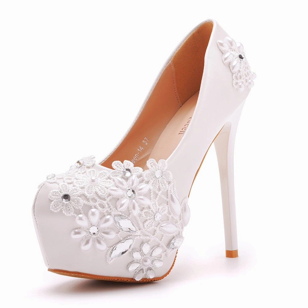 Women's Wedding Shoes Decorative Heel Wedding Heels Bridal Shoes With Beading WS0001 Dress Shoe Bag