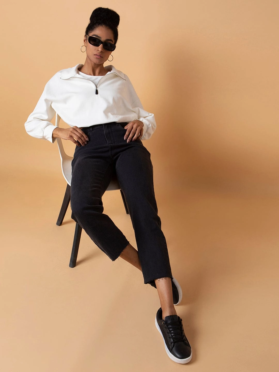 Works Boots Women Solid Off White Oversized Top with tank top