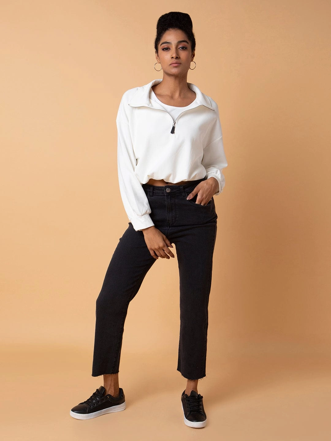 Women Solid Off White Oversized Top with tank top Work Boots Spring