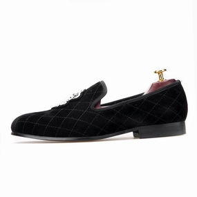 OneDrop Handmade Men Dress Shoes Stitching Plaid Velvet Embroidery Party Wedding Prom Loafers Hello Kitty Loafers