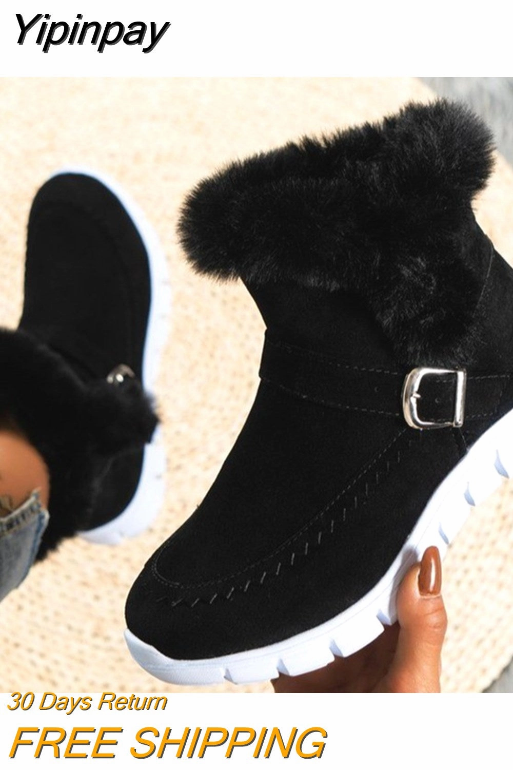 Yipinpay Women Fur Warm Chelsea Snow Boots Casual Shoes New Short Plush Suede Ankle Boots Flats Gladiator Sport Ladies Botas Mujer Ultralight Snow Boots