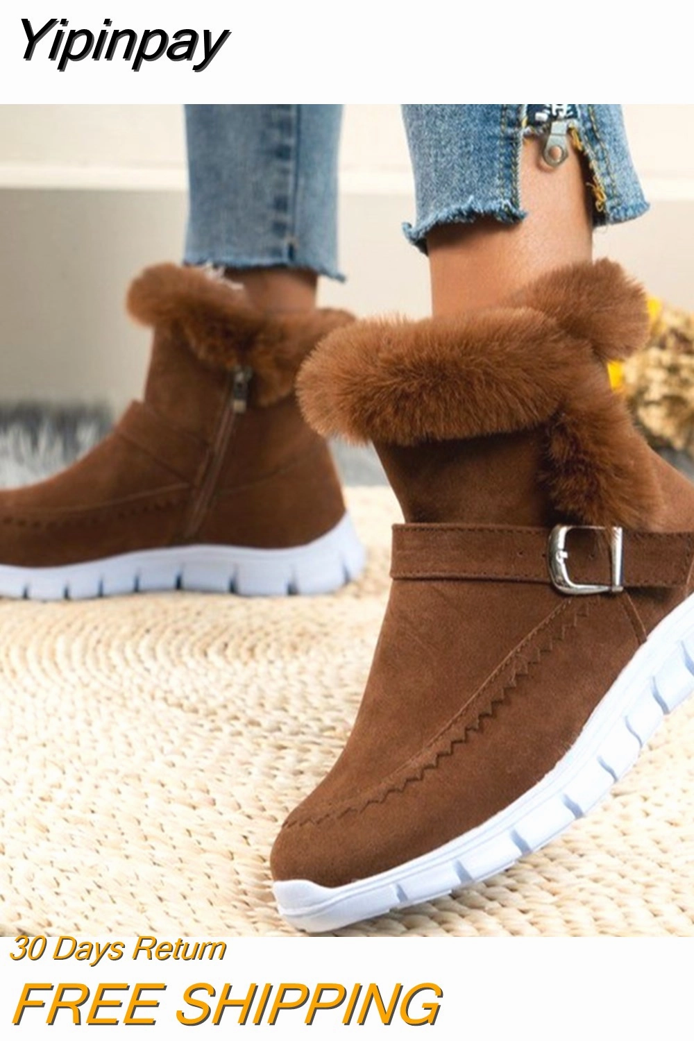 Yipinpay Women Fur Warm Chelsea Snow Boots Casual Shoes New Short Plush Suede Ankle Boots Flats Gladiator Sport Ladies Botas Mujer Little Snow Boots