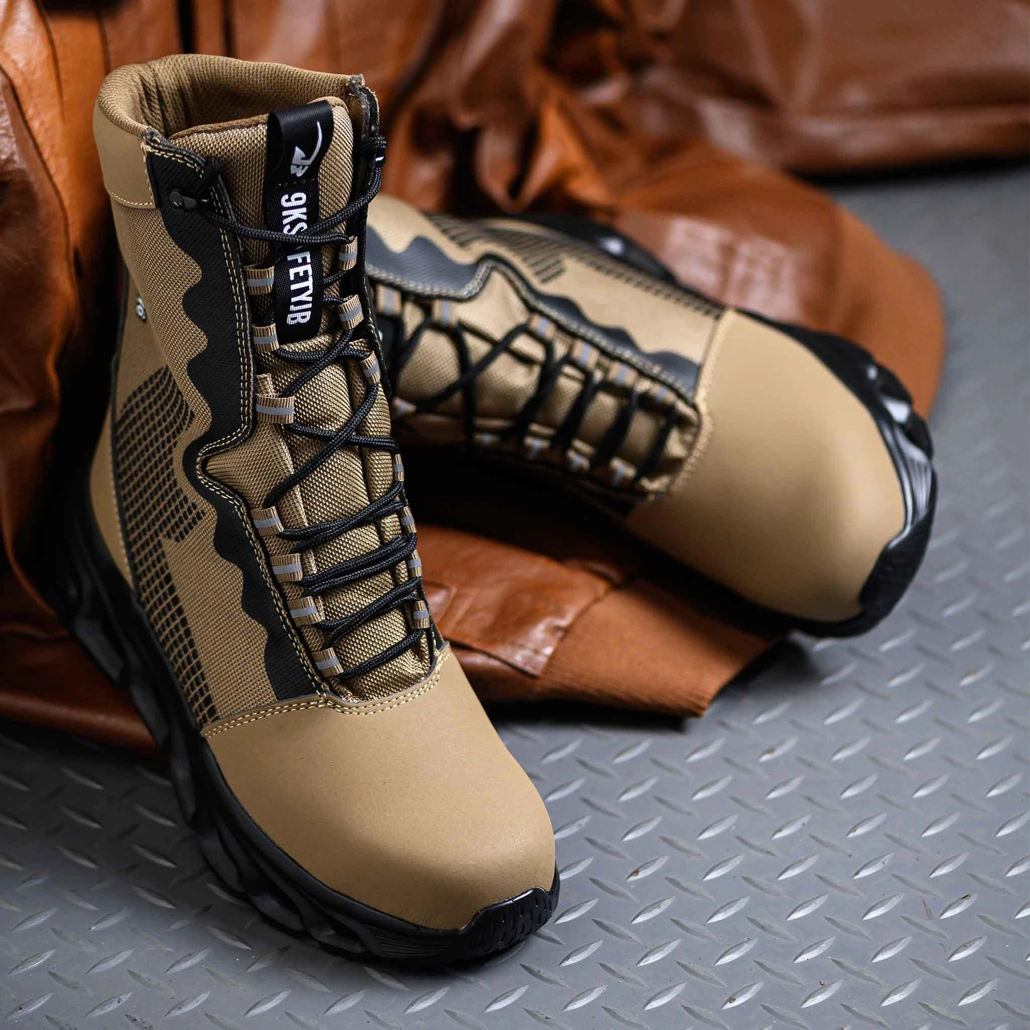 Lacing Up Work Boots Men's 8-Inch Waterproof Steel Toe Work Boots - Slip-Resistant & Durable | B307